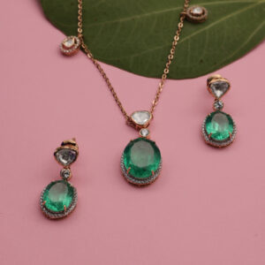 Emerald Drop Necklace Set with Diamond Halo