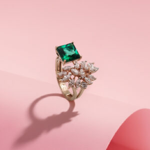 Emerald Princess Cut Rose Gold Floral Diamond Ring