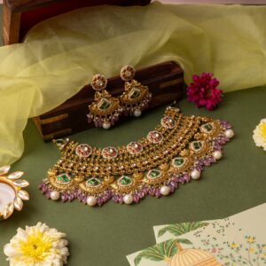 Gold Choker Necklace Set with Emerald Stones and Pearl Drops