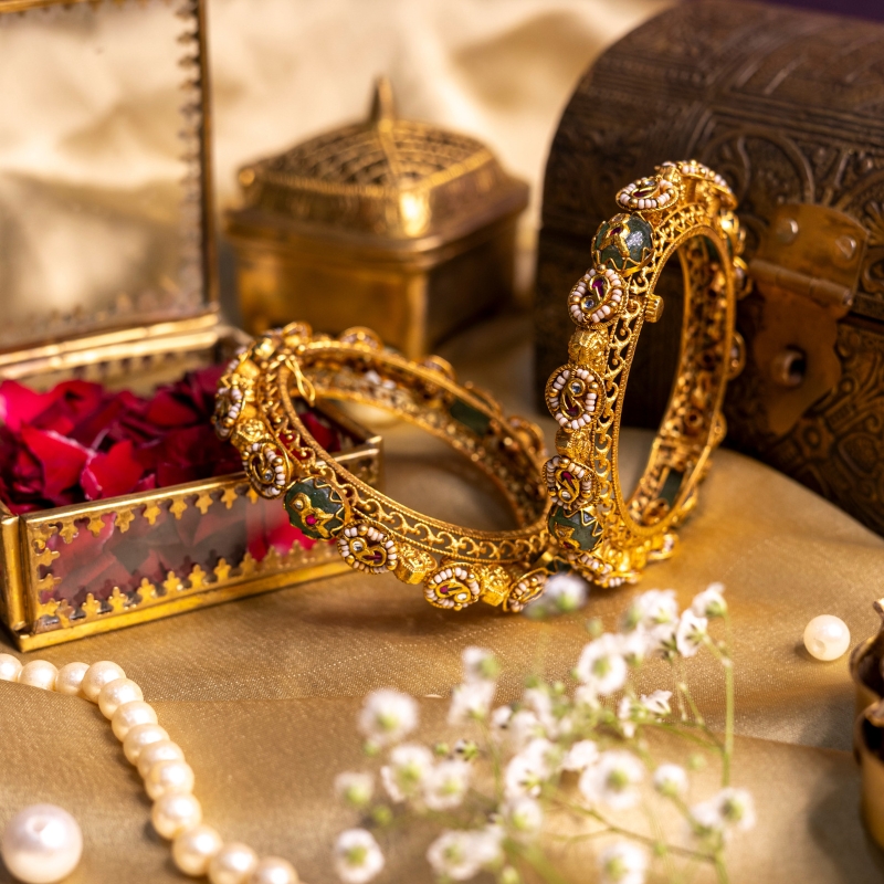 Gold Designer Kada with Green Enamel and Pearl Work