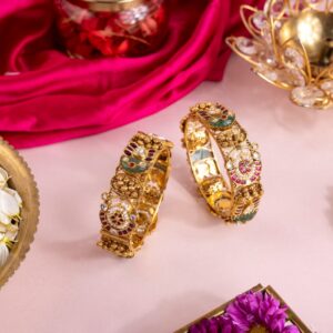 Gold Meenakari Kada with Kundan and Pearl Accents