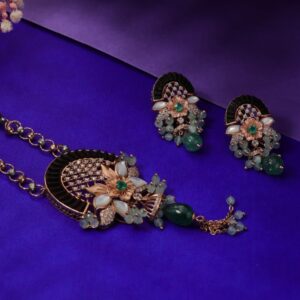 Rose Gold Emerald Stone Har Set with Diamond Details