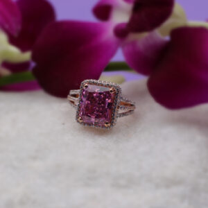 Square Cut Pink Sapphire Rose Gold Halo Ring