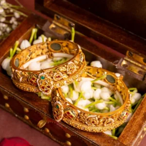 Antique Gold Kada Bangles with Green Stone Work