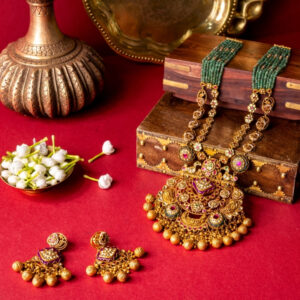 Antique Lakshmi Temple Necklace Set with Green Beads