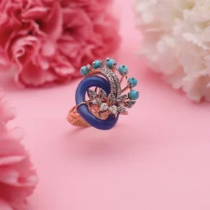 Blue Stone Rose Gold Designer Ring with Diamond Detailing