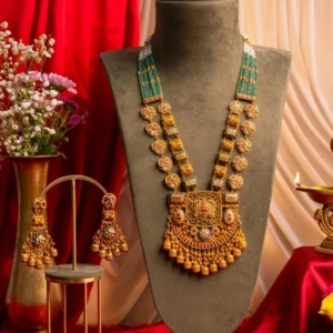 Gold Temple Necklace Set with Meenakari and Green Beads