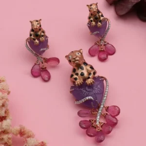 Rose Gold Panther Pendant Set with Pink Stone Drops