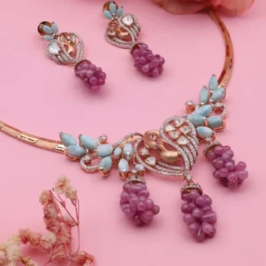 Rose Gold Swan Necklace Set with Pink Stone Drops
