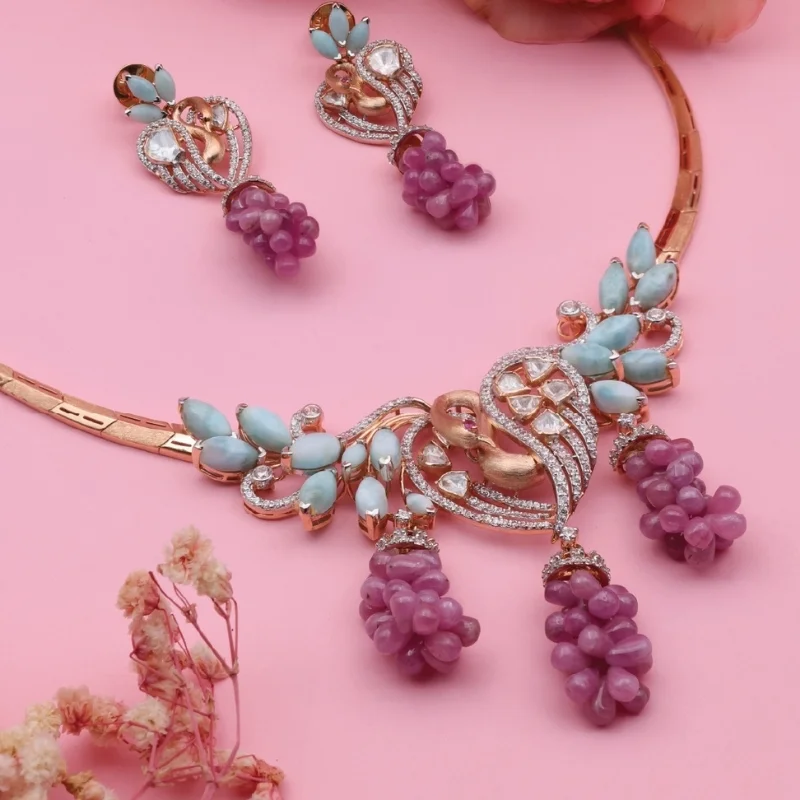 Rose Gold Swan Necklace Set with Pink Stone Drops