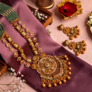 Temple Necklace Set with Circular Kundan Pendant Work