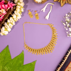 Gold beaded mesh necklace set with gold ball drops and matching earrings