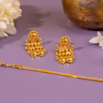 Gold beaded mesh necklace set with gold ball drops and matching earrings