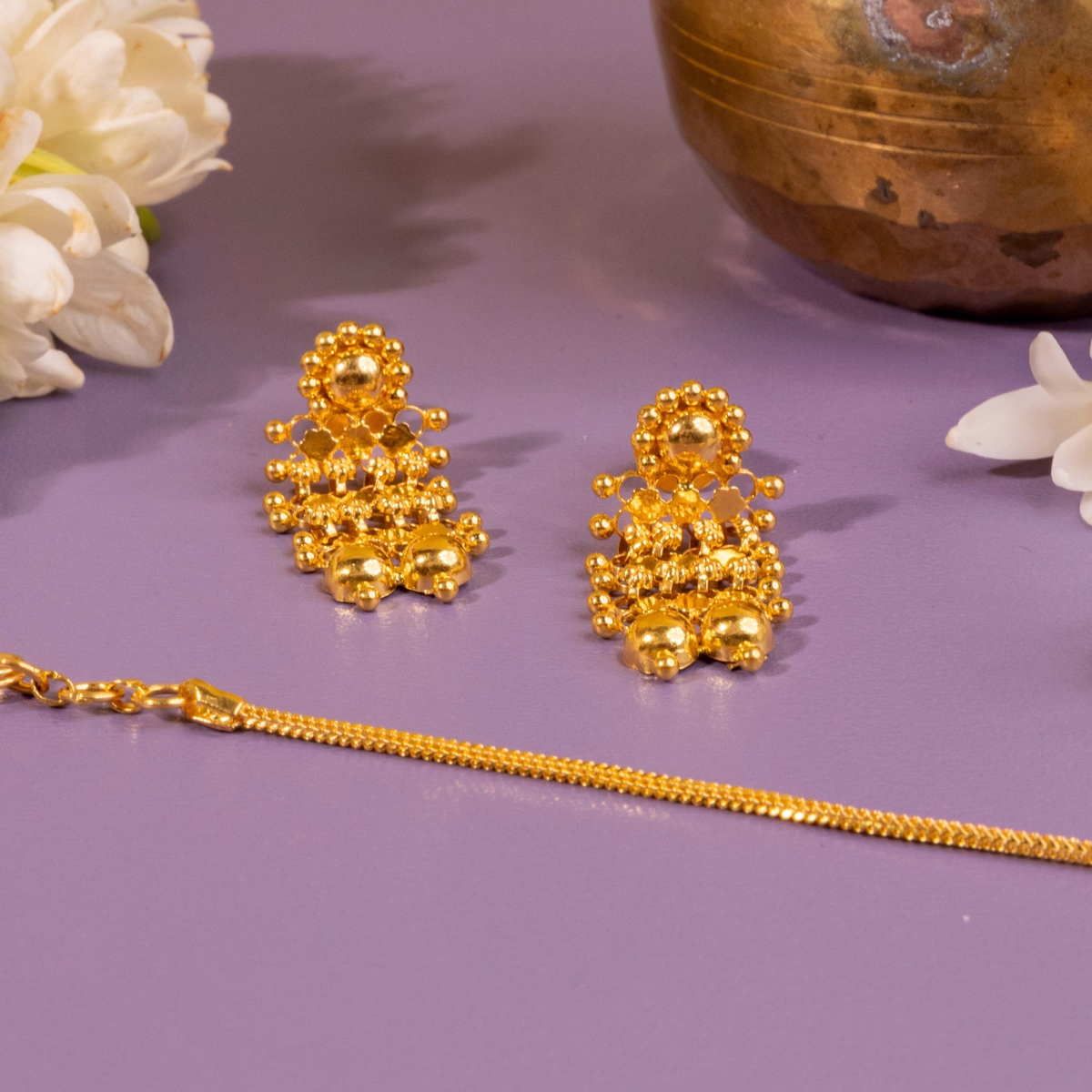 Gold beaded mesh necklace set with gold ball drops and matching earrings