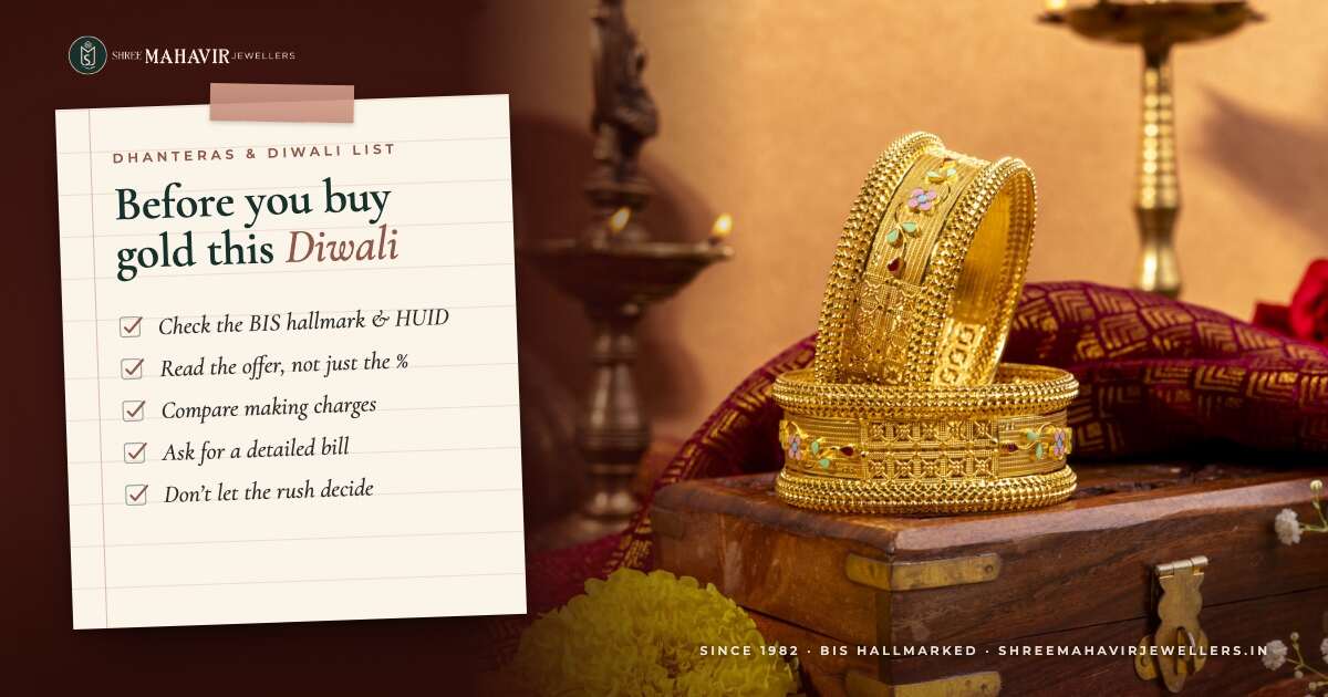 Diwali gold buying checklist note beside two gold kadas, brass lamps and marigolds