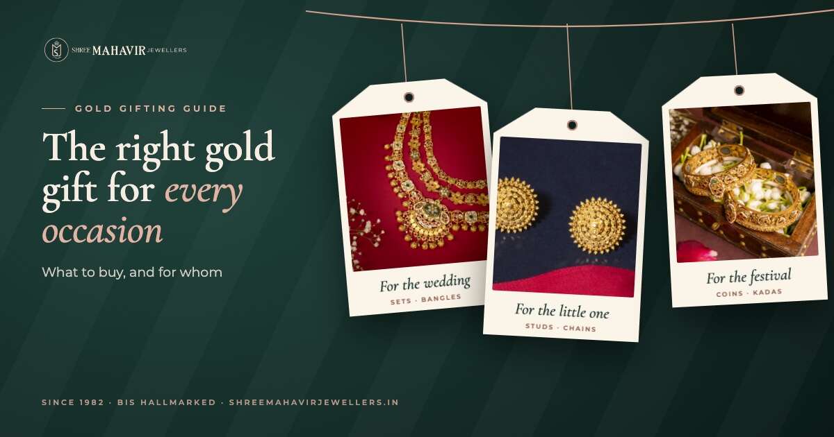 Gold gift ideas for weddings, baby ceremonies and festivals shown on three gift tags