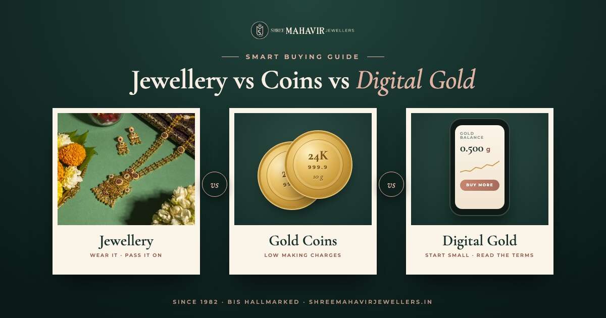 Gold jewellery vs gold coins vs digital gold compared side by side: a gold necklace set, two 24K gold coins and a digital gold app